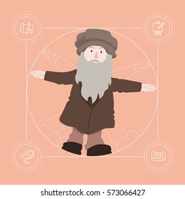 Cartoon Style Leonardo Da Vinci Standing In A Vitruvian Man Pose 