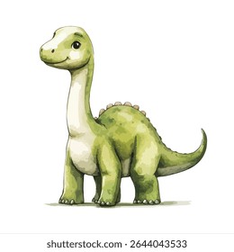 A cartoon style, light green brontosaurus with a long neck and spiked back, standing facing left. Watercolor effect.