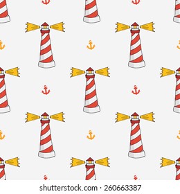 Cartoon style lighthouse and anchor seamless pattern
