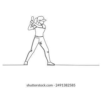 Cartoon style line drawing of young active baseball batter player ready to hit the ball. outdoor sport activity in a simple hand drawn style illustration.  