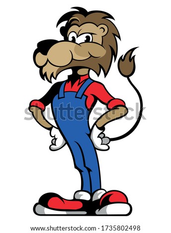 Cartoon style lion character, lion worker in overalls, isolated on white background.