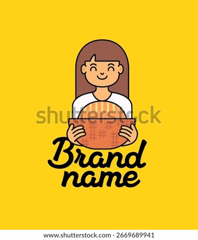 Cartoon style logo featuring a smiling girl holding a loaf of bread in a patterned basket. bold outlines, warm colors for the brand name, making it perfect for bakeries, homemade food businesses