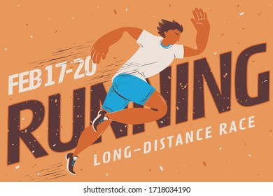 Cartoon style long distance race event poster design with bronze skin tone runner