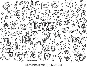 Cartoon style love doodles, different hand drawn vector elements