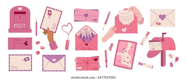 Cartoon style love mail with hands set, trendy romantic letter design, flat hand hold handmade post card, creative craft envelope with heart and kiss, modern cute postcard and envelope in mailbox.