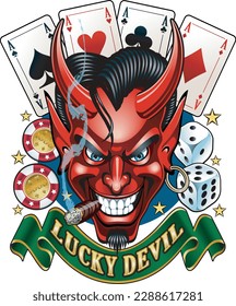 Estilo de caricatura afortunado diablo con cartas, dados y fichas de casino