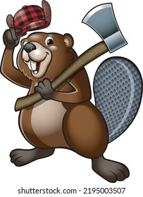 cartoon style lumberjack beaver holding felling axe