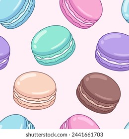 Cartoon style macarons seamless pattern, background. Hand drawn dessert of various colors