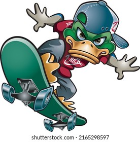 Cartoon style mallard duck riding on a skateboard