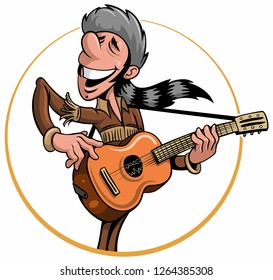 Cartoon style man in the buckskin clothes with a coonskin cap, playing an acoustic guitar, funny vector illustration.