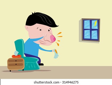 Cartoon style of Man or child with Red Nose and Flu on a Rainy Day. Editable Clip Art.