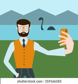 Cartoon style man make selfie with Loch Ness monster on the background. Hipster make selfie flat design style. Funny vector illustration with Nessie monster.