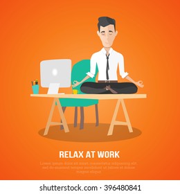 cartoon style man meditation in office. yoga at job. young man relaxing in lotus position on table with computer at work