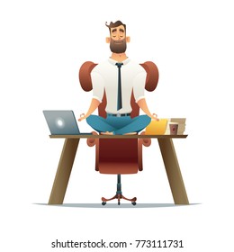 cartoon style man meditation in office. yoga at job. young man relaxing in lotus position on table with computer at work