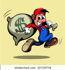 Cartoon style man, running with the bag of money, vector image