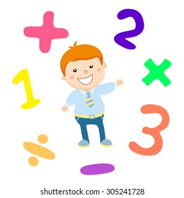 Cartoon style math learning game illustration. Mathematical arithmetic logic operator symbols icon set. Template for school teacher educational usage. boy student character. Calculation lesson. art
