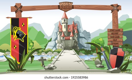 Cartoon style of a medieval castle, can be as a cover of the game.