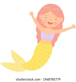 Cartoon style mermaid with pink hair. Vector illustration for children, greeting card, poster, sticker