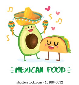 Cartoon style mexican food character illustration design concept: taco and avocado for guacamole