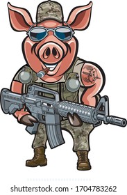 cartoon style military pig holding assault rifle