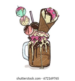 cartoon Style Milkshake with cookies chocolate sweets and ice cream. Hand Drawn Creative Dessert Isolated