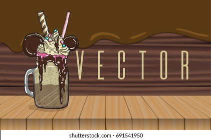 cartoon Style Milkshake with cookies chocolate ice cream and candys.