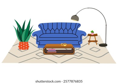 Cartoon Style Modern Minimalist Living Room Illustration with Blue Sofa, Coffee Table, and Indoor Plants – Ideal for Interior Design Projects, Home Decor Concepts, Blogs, and Website Banners