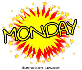 A cartoon style Monday splash explosive motif over a white background