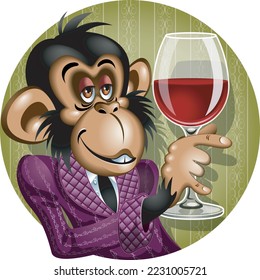 Cartoon style monkey in dressing gown holding a glass of red wine