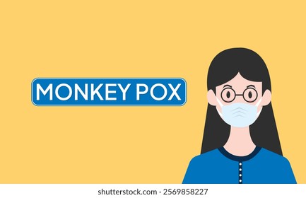 cartoon style of monkey pox virus disiease social media awareness illustration. Flat illustration of woman wearing mask.