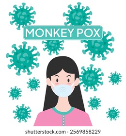cartoon style of monkey pox virus disiease social media awareness illustration. Flat illustration of woman wearing mask.