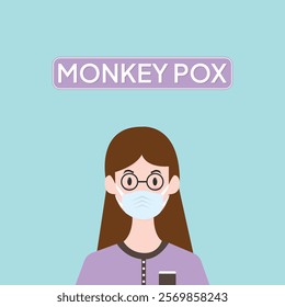 cartoon style of monkey pox virus disiease social media awareness illustration. Flat illustration of woman wearing mask.