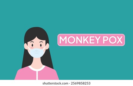 cartoon style of monkey pox virus disiease social media awareness illustration. Flat illustration of woman wearing mask.