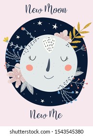 Cartoon style moon with flower elements and stars. New Moon New Me. Card, new year resolution.