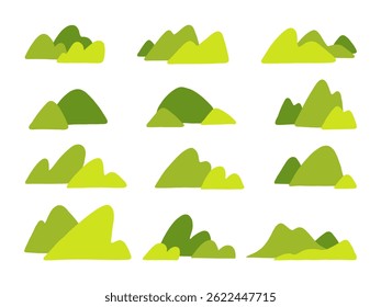 Cartoon Style Mountain Hill Silhouette. A playful collection of 12 cartoon style mountain and hill silhouettes featuring whimsical terrain forms. Perfect for maps games and nature themed illustrations