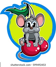 Cartoon style mouse on the two cherries