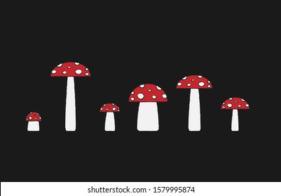 Cartoon style mushroom icon art. Poisonous fly agaric. Grunge style outlines. Simple shape logo sign. Different size toadstool. Vector illustration image. Isolated on black background.