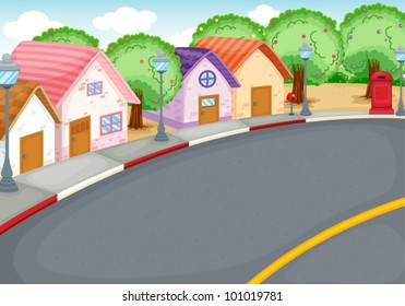 Cartoon style neighbourhood next to road