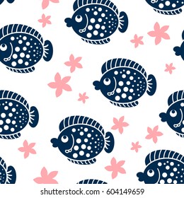 Cartoon style ocean and sea pattern with fish and stars. Element for wallpaper design, background, textile print.