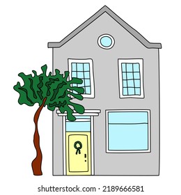 Cartoon style old house with yellow door, big tree near house, flat doodle vector