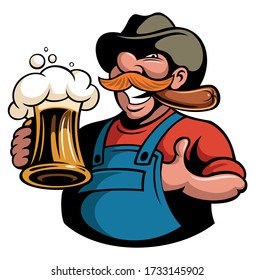 Cartoon style old smiling man, holding a beer mug logo design concept.