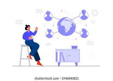 Cartoon style. Online meetings are accessible from any location around the world. Young women at home can a teleconference with colleagues from all over the world. flat illustration vector design