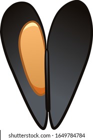 Cartoon style opened mussel isolated illustration. White background, vector.