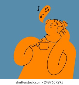 Cartoon style orange character enjoying hot drink while listening to music in headphones against blue background. Relaxed and positive emotions. Creative vector illustration. Hand drawn