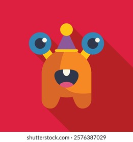 Cartoon style orange monster with big eyes, party hat, and open mouth smile on a vibrant red background 