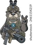 Cartoon style otter wearing military gear and holding assault rifle
