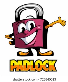 Cartoon style padlock mascot, cartoon character, vector logo.