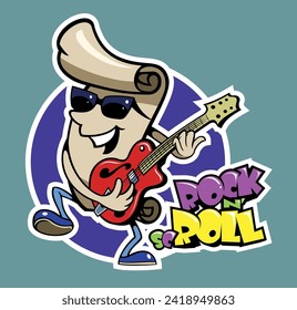 Cartoon style paper scroll character, playing electric guitar.