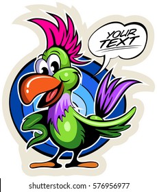 Cartoon style parrot with the comics text box