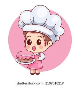 cartoon style pastry girl showing beautiful and delicious cake